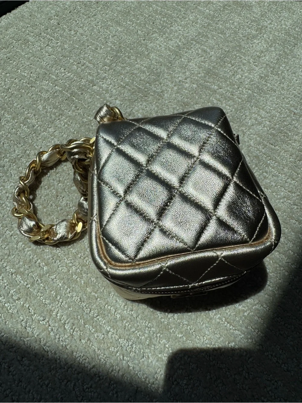 CHANEL Metallic Gold Quilted Mini Cube Vanity Bag with CC Logo, 22C collection